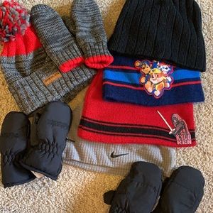 Toddler boy bundle beanies and snow gloves